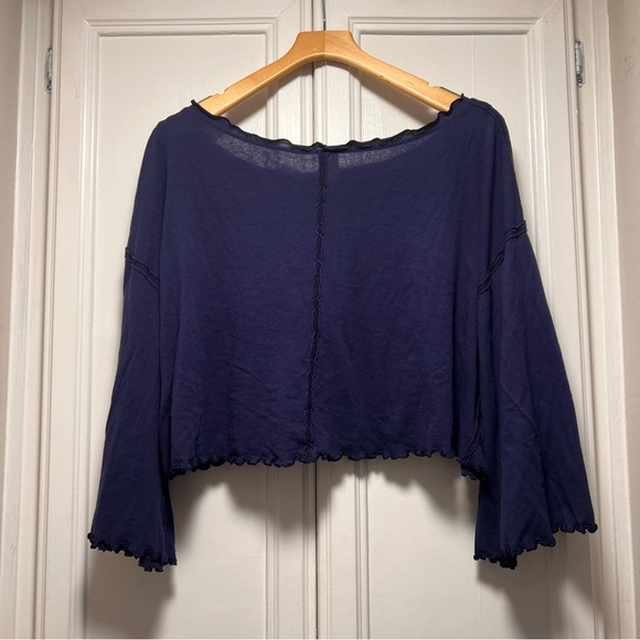 Free People Blue Birdcage Cropped Tee Lettuce Trim Boxy Boho Dark Blue Sz Small - Picture 9 of 9